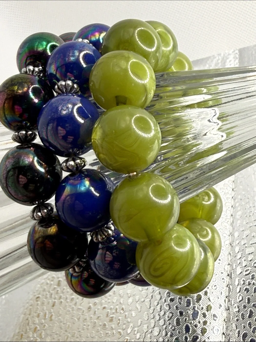 Lucite vintage trio stretch bracelets Blue Olive black shiny Beaded Bracelet Set